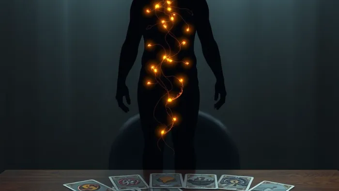 Символическое изображение энергетических причин болезни: прозрачное тело человека со светящимися и заблокированными каналами энергии на фоне расклада карт Таро.