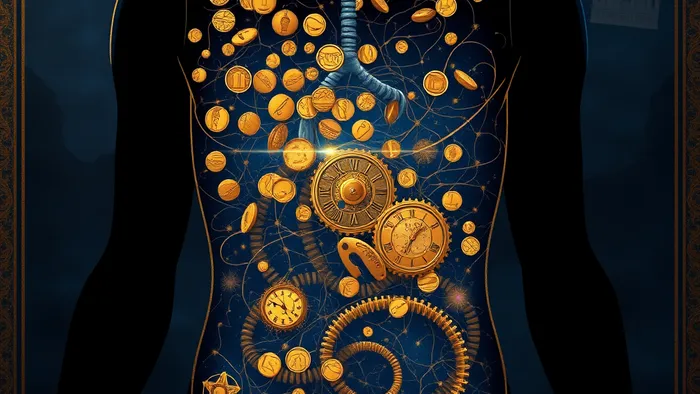 Символическое изображение связи мозга, финансовой тревоги и кишечника: в прозрачном животе человека видны звёзды, монеты и нейроны.