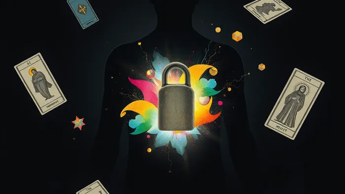 Символическое изображение человека с заблокированным творческим потенциалом: сундук в области сердца, из которого прорываются лучи цвета, вокруг парят карты Таро Сила, Звезда и Отшельник.