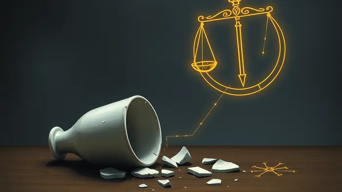 Символическое изображение ошибки и восстановления: разбитая чаша, из трещин которой возникают золотые линии, формирующие контуры карт Таро "Правосудие" и "Колесница" на темном фоне.