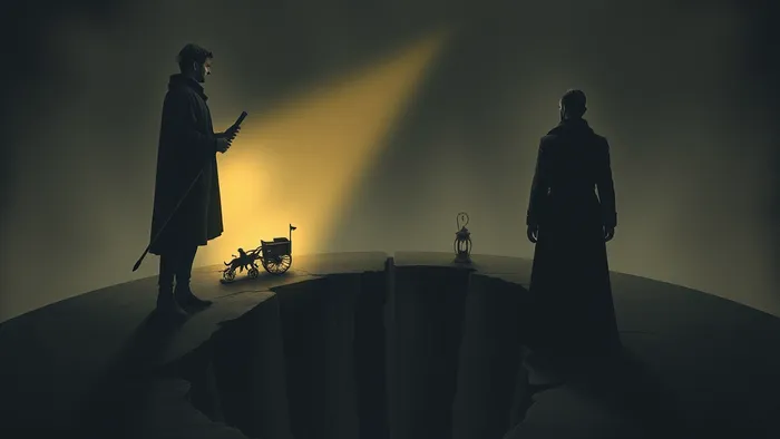 Символическое изображение двух людей, разделённых трещиной. Один освещён светом успеха с колесницей в руках, другой отворачивается в тени с фонарём Отшельника.