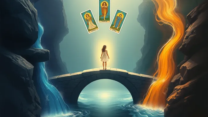 Символическое изображение двух рек, олицетворяющих разные подходы к воспитанию, встречающихся у моста, на котором стоит ребёнок. Над реками парят карты Таро Императрица и Дурак.