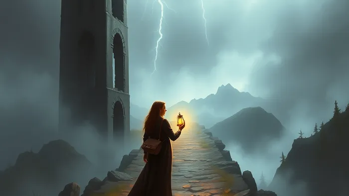 Символическое изображение перехода от разрушенной Башни к пути Шута: человек на фоне руин и туманной дороги в горы с фонарем и котомкой.