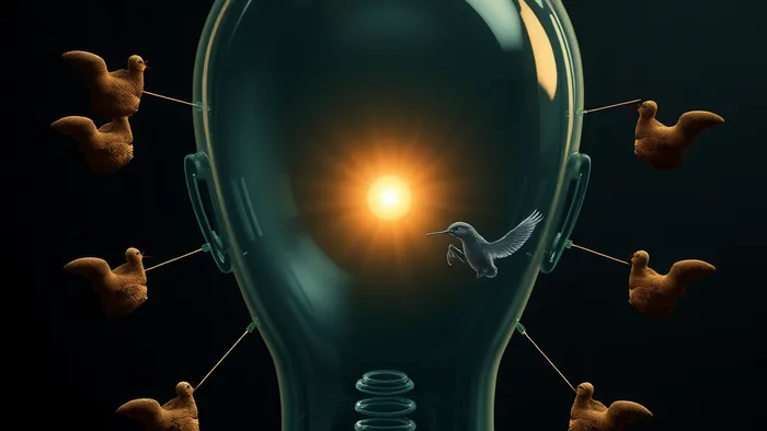 Символическое изображение разума как лабиринта с закрытыми дверями внутри прозрачной головы. Карты Таро Повешенный, Отшельник и 8 Мечей парят рядом, указывая на защитные механизмы психики.