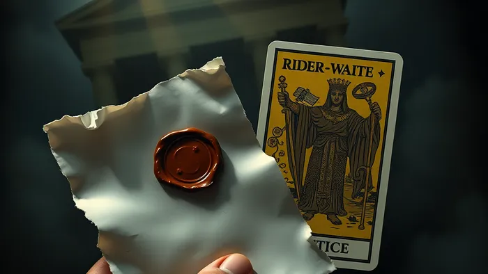 Символическое изображение конфликта закона и внутреннего состояния: разорванный юридический документ и карта Таро "Правосудие" на фоне здания суда.