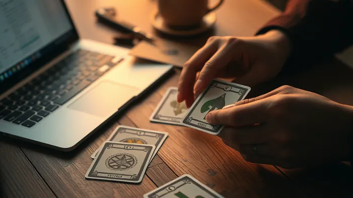 Руки раскладывают карты Таро масти Пентакли рядом с ноутбуком, где открыт финансовый план. Символизирует сочетание эзотерического анализа и практического планирования для защиты от сокращения.