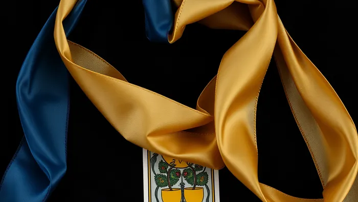 Две разноцветные ленты, символизирующие разных партнеров, сплетаются в единое целое на фоне карты Таро. Метафора поиска компромисса и единства.