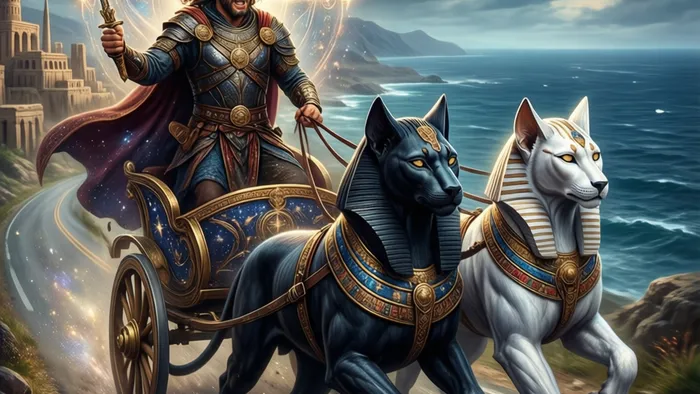Иллюстрация аркана Таро Колесница: возничий в доспехах управляет колесницей, запряженной черным и белым сфинксами, на фоне города и моря под звездным небом.