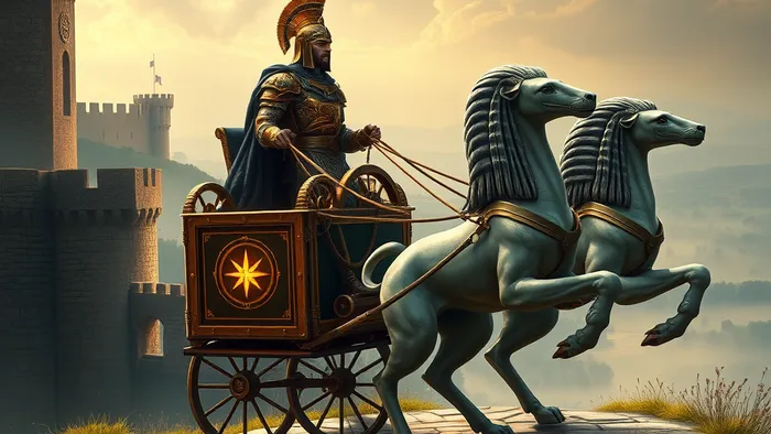 Аркан Колесница Таро: Возничий управляет колесницей, запряженной черным и белым сфинксами, на фоне уходящего города и открытого пейзажа.