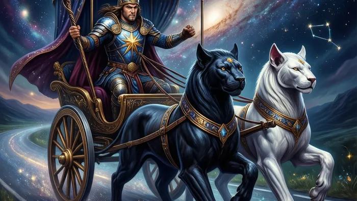 Аркан Таро Колесница в мистическом космическом стиле: возничий управляет колесницей, которую тянут черный и белый сфинксы по дороге сквозь звездную галактику.