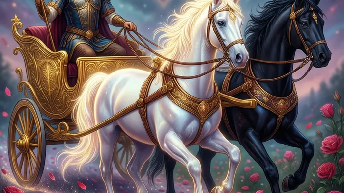 Стилизованное изображение аркана Колесница Таро: колесничий управляет двумя конями, черным и белым, на фоне звезд и розовых лепестков, символизирующих любовь и гармонию противоположностей.