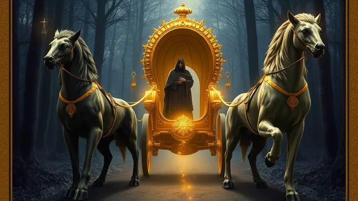 Символическое изображение аркана Колесница Таро: колесница на лесной развилке, запряжённая тёмным и светлым сфинксом, управляемая таинственным возничим. Концепция выбора и управления противоположностями в любви.