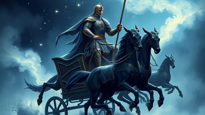 Динамичное изображение аркана Колесница Таро: возница в латах управляет колесницей, запряжённой двумя сфинксами, под звёздным небом.