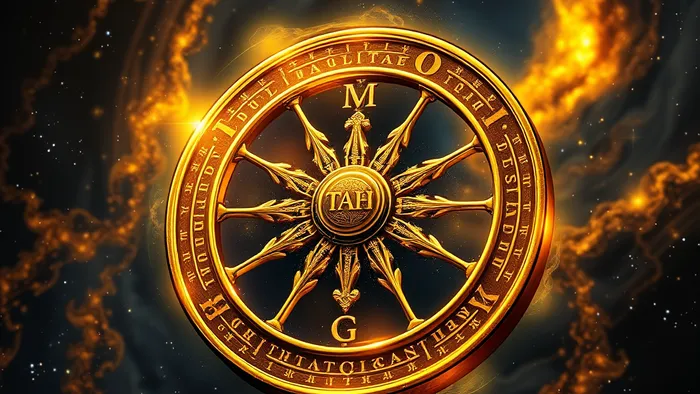 Детализированное изображение карты Таро Колесо Фортуны, парящей в космической туманности, символизирующей вечные циклы вселенной.