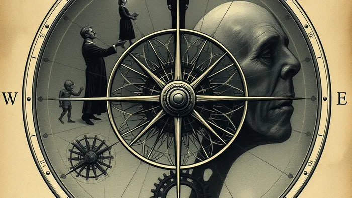 Символическое изображение карты Таро Колесо Фортуны, интегрированное с символами психики: прозрачное колесо с фигурами, шестерёнки из нейронных сетей и теней, архетипы Юнга на фоне.