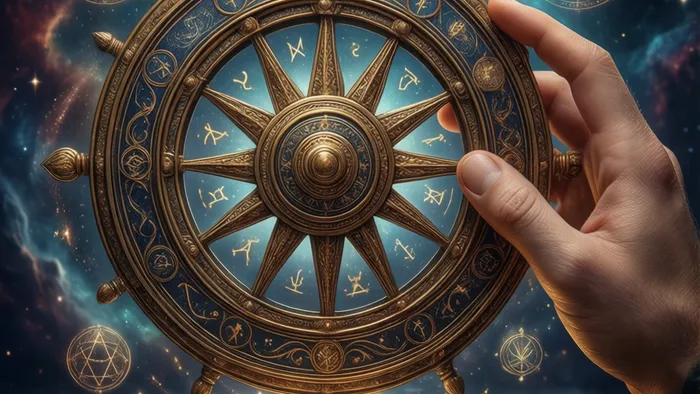 Символическое изображение Аркана Колесо Фортуны Таро: колесо в космическом пространстве, окружённое символами судьбы, на фоне звёзд и туманностей.