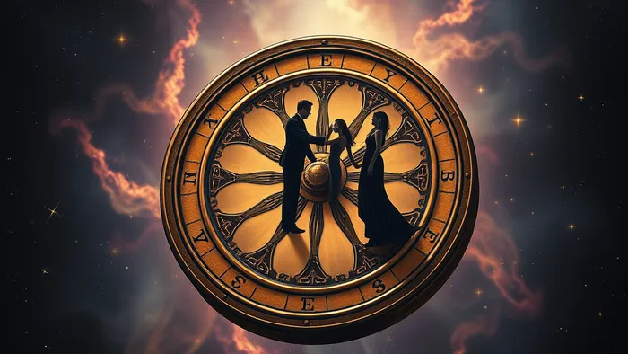 Аркан Колесо Фортуны из Таро парит в космической туманности, на вращающемся колесе стоят силуэты мужчины и женщины, держащихся за руки. Мистическая атмосфера, алхимические символы.