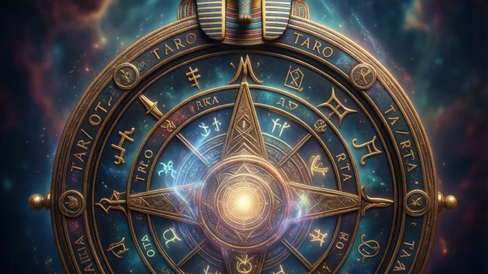 Макросъемка карты Таро Колесо Фортуны: детали колеса, символы TARO, Сфинкс на вершине на фоне космической туманности.