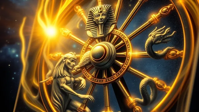 Детализированное изображение карты Таро Колесо Фортуны (X Аркан) в золотом сиянии на фоне космоса, символы сфинкса, Анубиса и змеи.