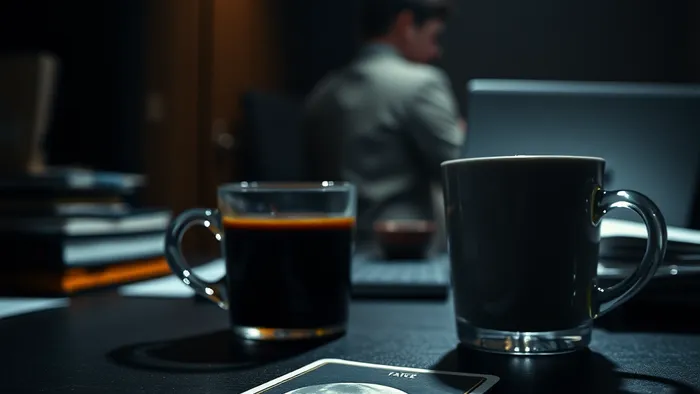 Карта Таро Луна на рабочем столе в полумраке офиса как символ проверки скрытых угроз и иллюзий