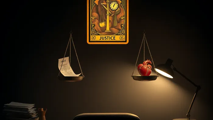Символическая сцена в офисе: парящая светящаяся карта Таро Правосудие с весами, на которых лежат документы и часы против сердца и закрытого рта. Иллюстрация рабочего конфликта и морального выбора.