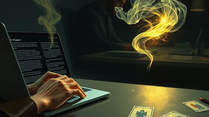 Символическое изображение ситуации на рабочем месте: идеи в виде света утекают от одного сотрудника к другому, на столе разложены карты Таро (Маг, Пятерка Пентаклей, Семерка Жезлов).