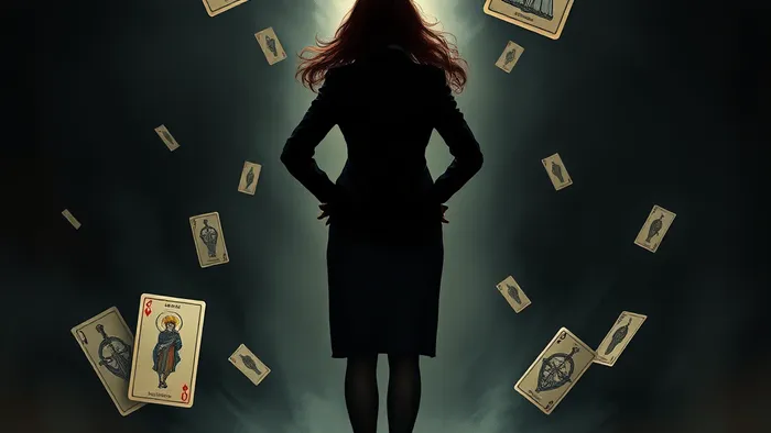 Символическое изображение борьбы со сплетнями на работе: силуэт женщины в офисе противостоит вихрю из теней и шёпотов, окружённый светящимися картами Таро (9 Мечей, Королева Мечей).