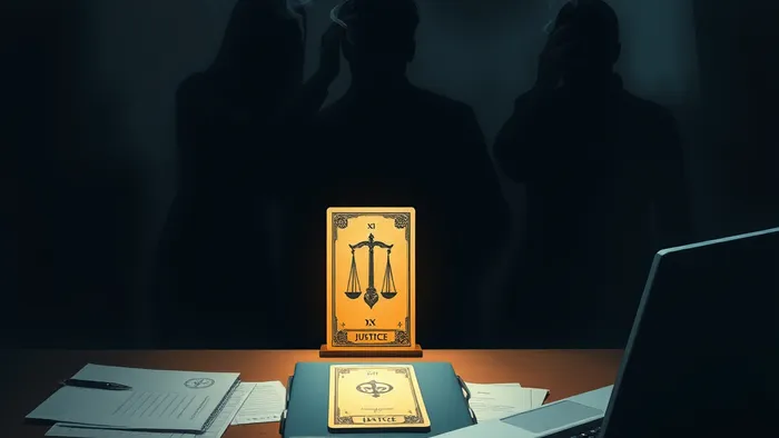 Символическое изображение конфликта на работе: стол профессионала атакуют тени сплетен, но карта Таро 'Правосудие' излучает свет, отбрасывая их.