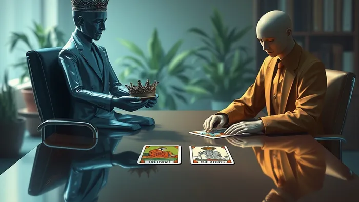 Символическое изображение разбора рабочих отношений через карты Таро: две фигуры за столом, контраст холодного и тёплого света, карты Император, Отшельник и Двойка Мечей на столе.