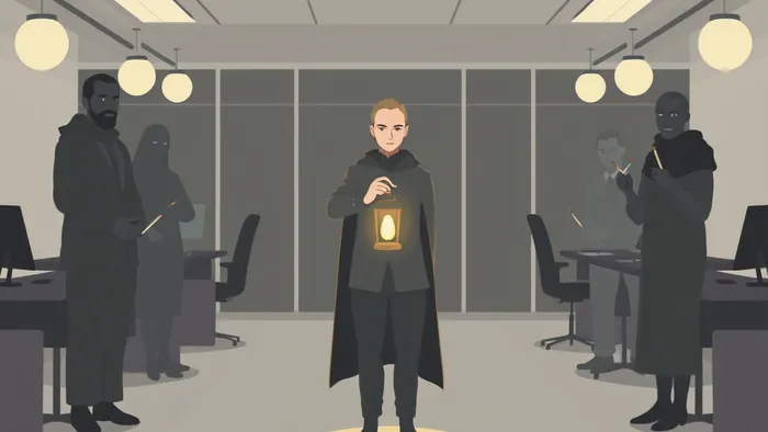 Символическое изображение человека, сохраняющего спокойствие в офисе, окружённого архетипами коллег из карт Таро. Иллюстрация в приглушённых тонах, передающая тему внутренней устойчивости.