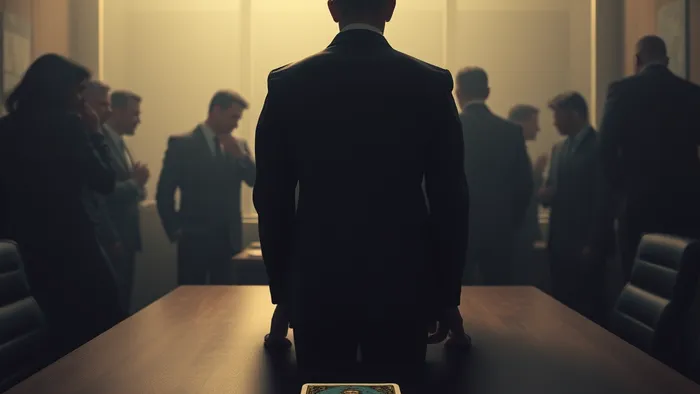 Символическое изображение человека, сохраняющего нейтралитет в конфликте в офисе. Он стоит один в центре, освещённый светом, в то время как силуэты коллег вокруг создают атмосферу давления. На столе перед ним лежит карта Таро 'Отшельник'.