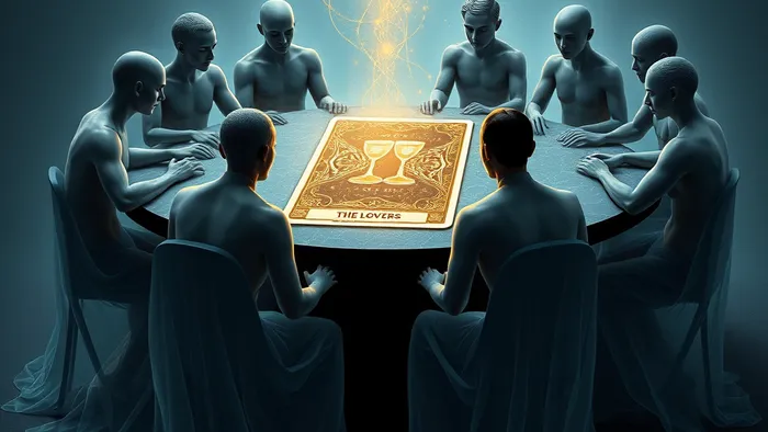 Символическое изображение команды и карты Таро, иллюстрирующее энергетические связи и поиск гармонии в распределении ролей.