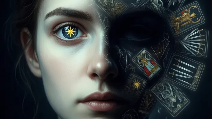 Символическое изображение работы с тенью через Таро: лицо человека, половина которого скрыта тенью из образов карт Таро, а половина освещена светом, в котором отражается карта Звезда.