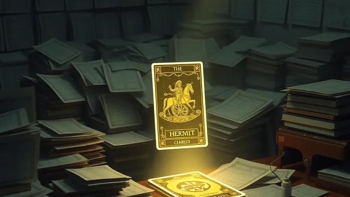 Символическое изображение офисной рутины: стол с отчетами, один из которых превращается в светящуюся карту Таро Отшельник, символизируя поиск выхода через самоанализ.
