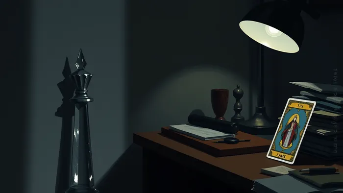 Символическое изображение конфликта на работе: хрустальная ферзь (Королева Мечей) отбрасывает тень на стол, где лежит карта Таро 'Маг'. Концептуальная иллюстрация в стиле темного академицизма.