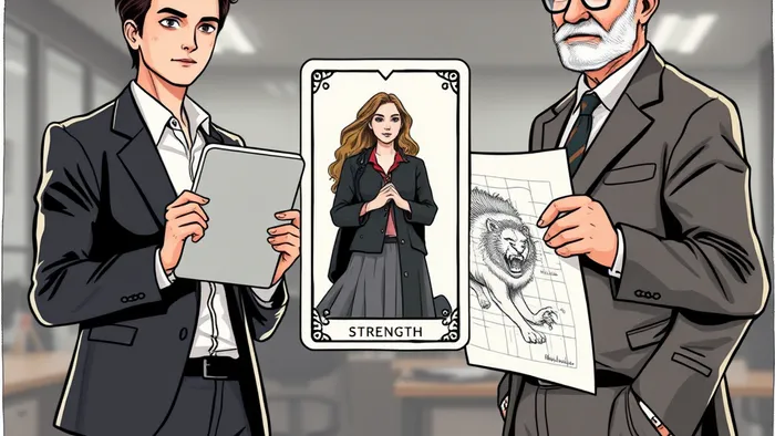 Символическое изображение конфликта поколений на работе: молодой руководитель и опытный сотрудник, между ними — карта Таро Сила как метафора мягкого управления.