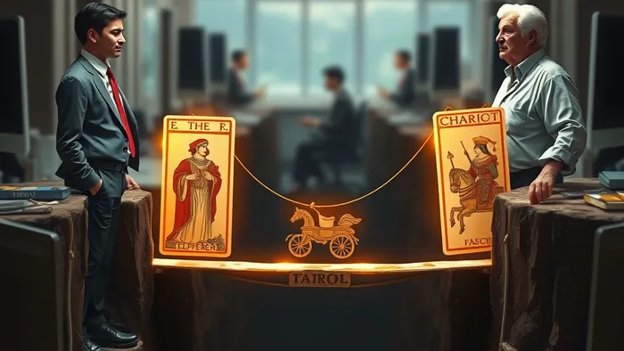 Символическое изображение конфликта руководителя и опытного подчинённого: они по разные стороны пропасти, которую начинает соединять мост из карт Таро.