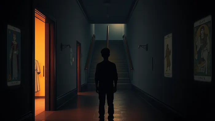 Студент на распутье в университетском коридоре: одна дверь ведет к кабинету преподавателя, другая — к лестнице наверх. На стенах — полупрозрачные образы карт Таро: Император, Правосудие, Колесница.