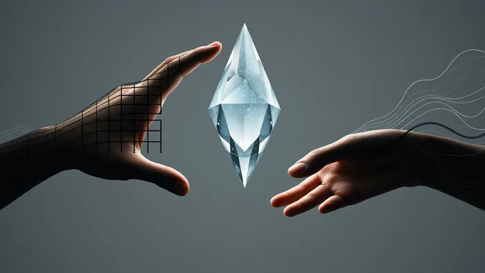 Символическое изображение конфликта видений: две руки тянутся к многогранному кристаллу, одна в окружении чётких линий, другая — текучих узоров.