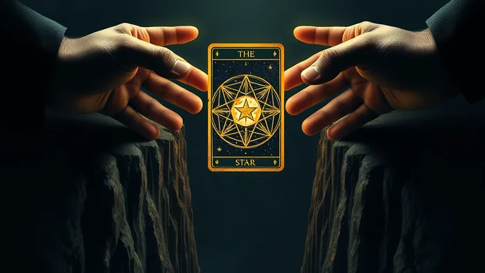 Символическое изображение разрешения конфликта: две руки над пропастью, соединенные сияющей картой Таро, на фоне размытых бизнес-документов.