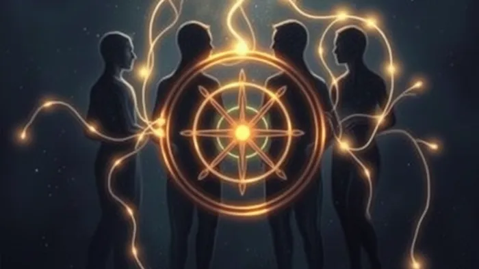 Символическое изображение гармонии и конфликта в команде: человеческие фигуры, соединенные спутанными и гладкими светящимися нитями, которые стекаются в центральную мандалу на фоне звездного неба.