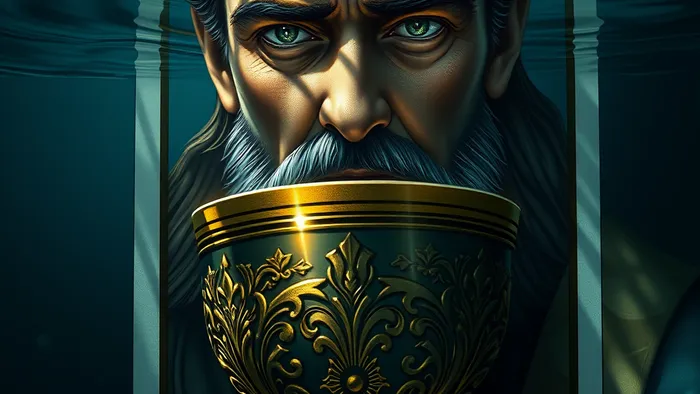 Крупный план карты Таро Король Кубков, погруженной в прозрачную морскую воду, символизирующей скрытую глубину эмоций и двойственность этой карты в отношениях.