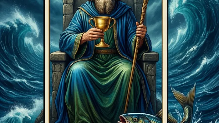 Иллюстрация карты Таро Король Кубков. Мудрый король сидит на троне посреди моря, держа чашу, символ контроля над эмоциями и интуиции.