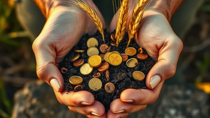 Руки, держащие плодородную землю, из которой прорастают монеты и колосья пшеницы — символ энергии Короля Пентаклей: создание abundance из надежного фундамента.