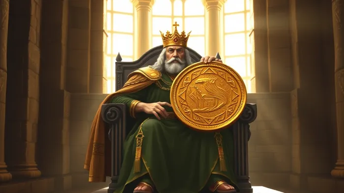 Король Пентаклей в медитации: мудрый правитель на троне, держащий золотой пентакль в каменном зале, символизирующий стабильность и управление ресурсами.