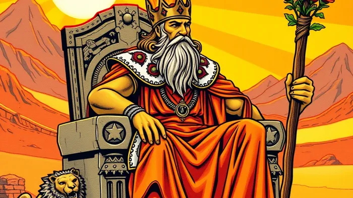 Символическое изображение Короля Жезлов из колоды Таро: зрелый мужчина с жезлом на троне в огненных тонах