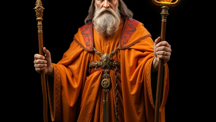 Детальное изображение карты Таро Король Жезлов из колоды Райдера-Уэйта на темном фоне