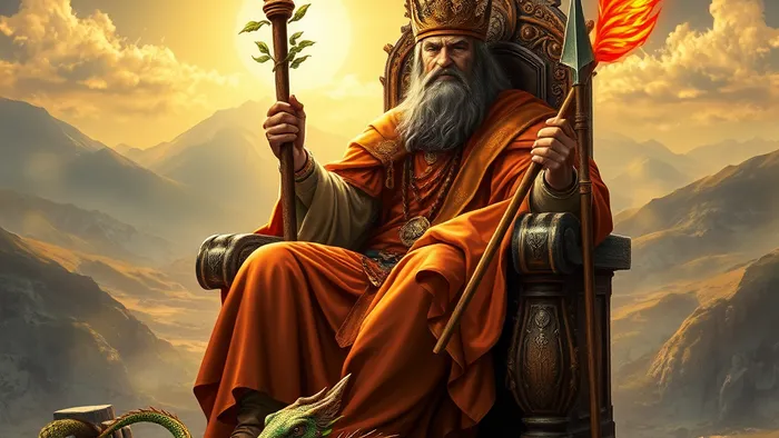 Король Жезлов из колоды Таро. Мужчина в короне сидит на каменном троне, держа жезл с живыми листьями. У его ног саламандра. Фон — горный пейзаж в лучах солнца.