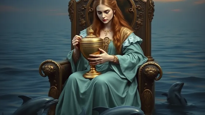Мystical portrait of the Queen of Cups Tarot card: a wise woman on a throne in the ocean, holding a chalice, symbolizing intuition and emotional depth.
