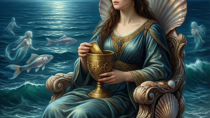 Детализированное изображение Королевы Кубков Таро на троне у моря, держащей закрытый золотой кубок. Мистическая атмосфера сумерек.